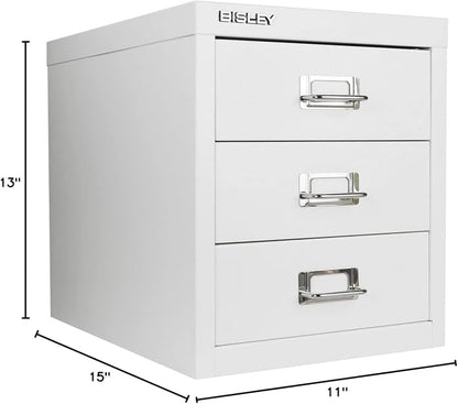 Bisley 3-Drawer Steel MultiDrawer Cabinet - Traffic White | Chrome Pull Handles with Label Holders, Powder-Coated Steel, Removable Drawers, Desktop Storage, Labels Included