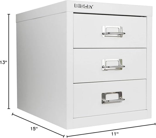 Bisley 3-Drawer Steel MultiDrawer Cabinet - Traffic White | Chrome Pull Handles with Label Holders, Powder-Coated Steel, Removable Drawers, Desktop Storage, Labels Included