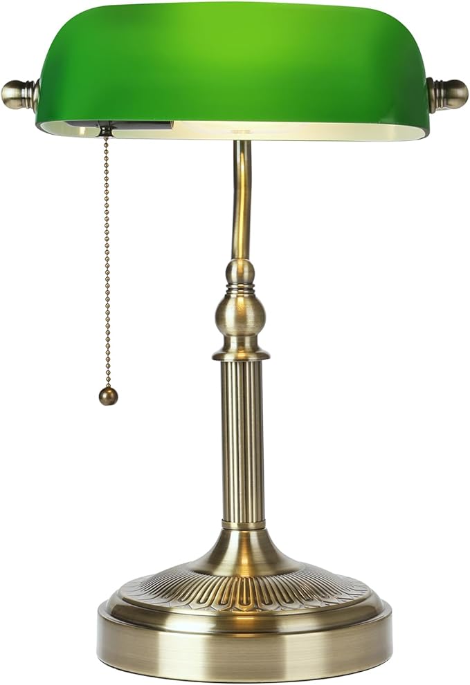 Green Glass Bankers Desk Lamp with Pull Chain Switch Plug in | Fixture for Home Office