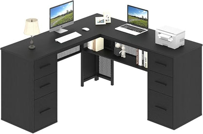 HSH Black L Shaped Desk with File Drawers Shelves, Reversible Corner Metal Wood Computer Desk with Storage Cabinet, Modern Large Executive Work Writing Study Table for Home Office Bedroom, 59 Inch