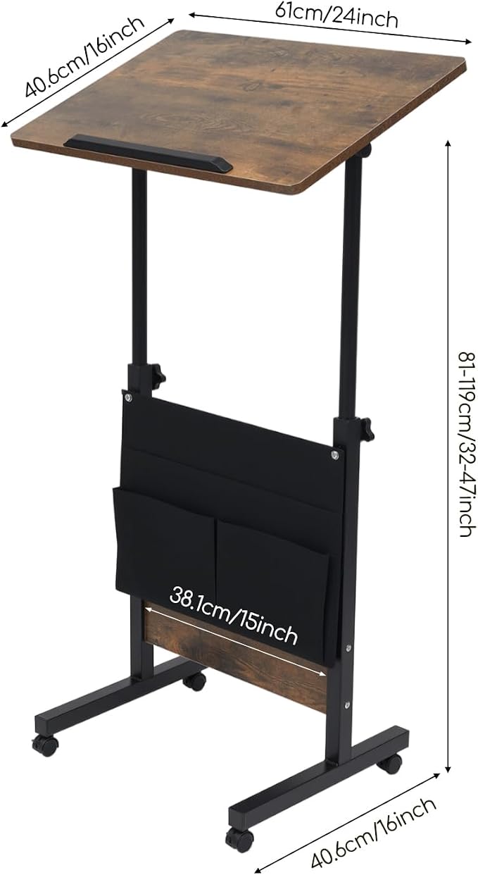 Small Mobile Standing Desk with Storage, 24" L×16" W Mobile Office Table, Rolling Laptop Table with 180° Flip, 32-47in Adjustable Height Desk for Small Spaces Home Offices