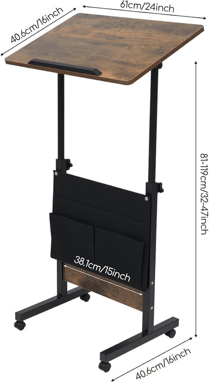 Small Mobile Standing Desk with Storage, 24" L×16" W Mobile Office Table, Rolling Laptop Table with 180° Flip, 32-47in Adjustable Height Desk for Small Spaces Home Offices
