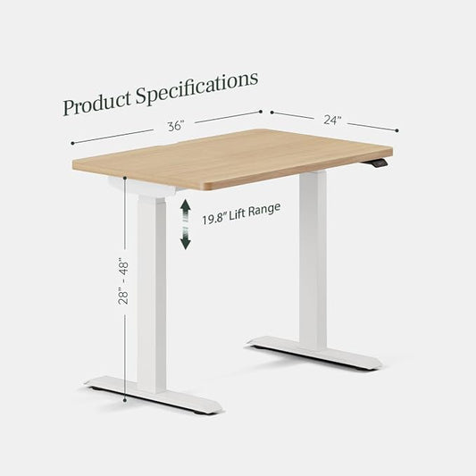 Branch Duo Standing Desk 36 Inches - Adjustable Standing Desk with 20” Range - OLED Control Panel - Frameless Design & Compact Size Suitable for Many Spaces - White Base - Woodgrain Top