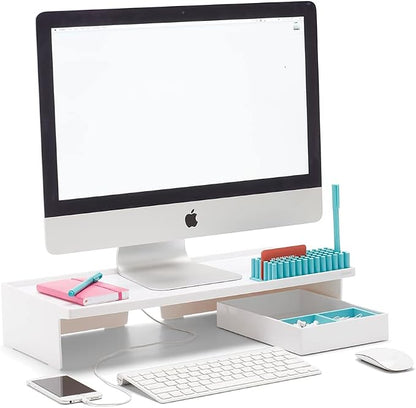 Poppin White Monitor Riser - Lacquer-Like Finish, Cable Cutout in Back, Take Monitor to New Heights, Doubles As All-Purpose Shelf, Stacks with Accessory and Letter Trays, 21,1" x 10,6" x 4,1"