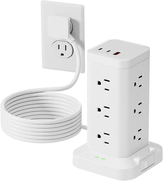 Power Strip Tower with Surge Protector 1800J, Fast Charging Tower PD20W USB-C Ports with 12 AC Outlets, 6ft Extension Cord for Home Office Dorm Room, White