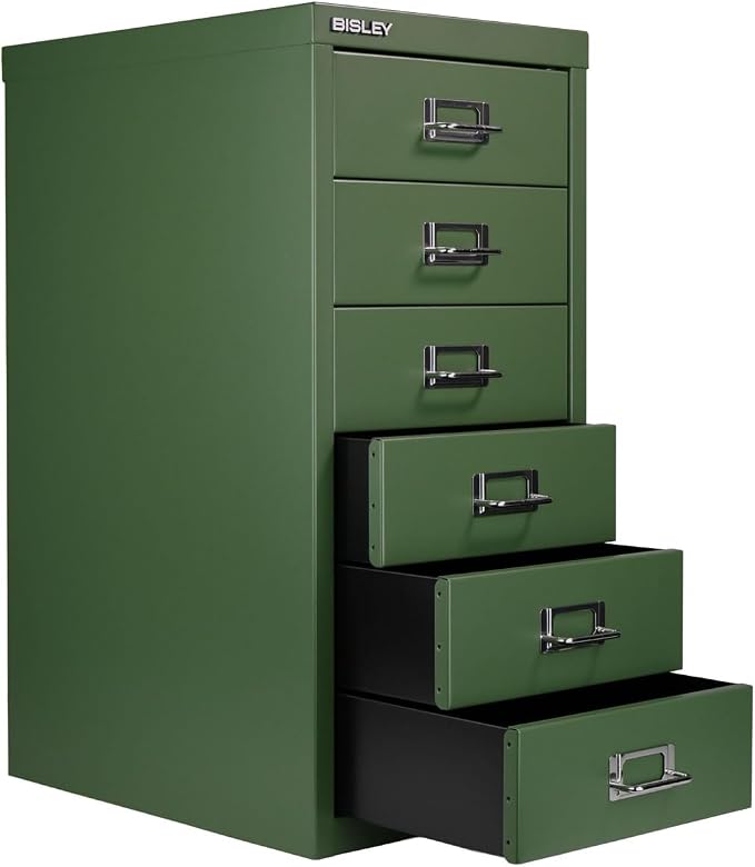 Bisley 6-Drawer Steel MultiDrawer Cabinet - Olive Green | Chrome Pull Handles with Label Holders, Powder-Coated Steel, Removable Drawers, Fits Under Most Desks, Labels Included