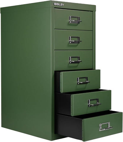 Bisley 6-Drawer Steel MultiDrawer Cabinet - Olive Green | Chrome Pull Handles with Label Holders, Powder-Coated Steel, Removable Drawers, Fits Under Most Desks, Labels Included