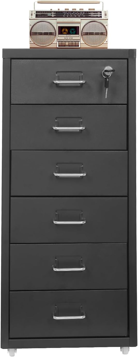 Vertical File Cabinet, 6 Drawers Rolling File Organizer Cabinets with Lock, Heavy Duty Metal Storage Cabinet, Movable Under Desk Filing Cabinet for Office, Study, Dresser (Black)