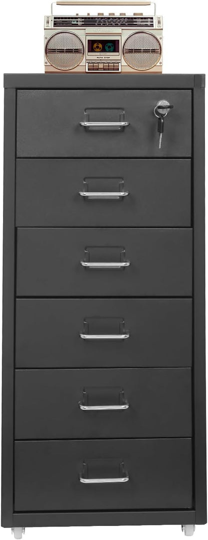 Vertical File Cabinet, 6 Drawers Rolling File Organizer Cabinets with Lock, Heavy Duty Metal Storage Cabinet, Movable Under Desk Filing Cabinet for Office, Study, Dresser (Black)