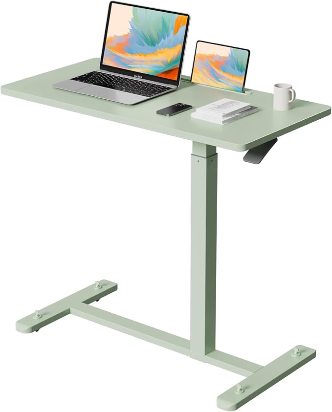 Gibbon Mounts Mobile Standing Desk, Pneumatic Adjustable Rolling Desk(31.5 Inches), Portable Laptop Desk with 4 Lockable Wheels, Overbed Bedside Table Laptop Table for Couch, Home, Office, Green