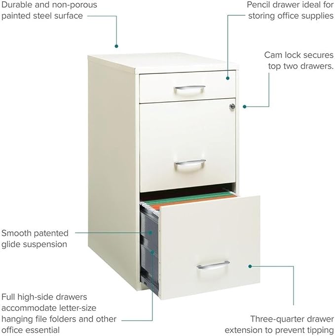 Pemberly Row 3 Drawers 27.32" Vertical White Metal Filing Cabinet Lockable Pre-Assembled Stationary Letter Size for Home, Office