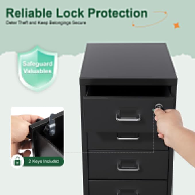 6 Drawer Vertical File Cabinet with Lock, Metal Movable Office Storage Cabinet, Under-Desk File Cabinet with Wheels, for Home Office Use (Black)