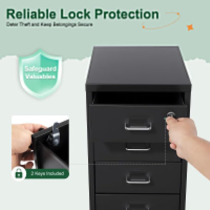 6 Drawer Vertical File Cabinet with Lock, Metal Movable Office Storage Cabinet, Under-Desk File Cabinet with Wheels, for Home Office Use (Black)