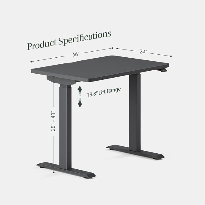 Branch Duo Standing Desk 36 Inches - Adjustable Standing Desk with 20” Range - OLED Control Panel - Frameless Design & Compact Size Suitable for Many Spaces - Charcoal Base - Charcoal Top
