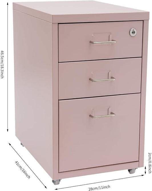 3 Drawers File Cabinet Locking Vertical File Cabinet Under Desk Small File Cabinet with Wheels for Home Office (Pink)