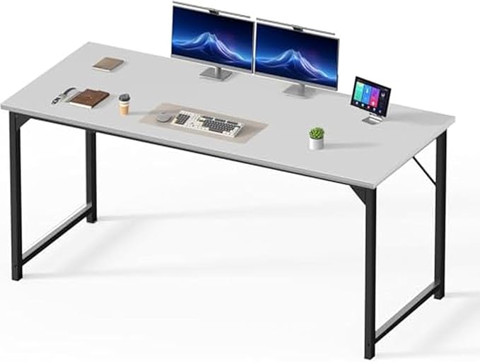 Sweetcrispy Small Computer Desk, 63" Office Writing Desk with Metal Frame & Wooden Top, X-Shaped Reinforcement, Student Study Home Bedroom Table, White