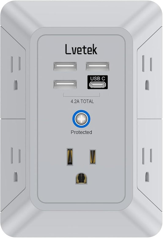 Outlet Extender, Surge Protector Outlet with 5-Multi Plug Outlet and 4 USB Ports(1 USB C), 3-Sided 1680J Power Strip Wall Charger, Multiple-Plug Outlet Splitter for Home Travel Office,ETL Listed,Grey