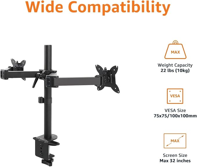 Amazon Basics Adjustable Dual Monitor Desk Mount, Supports up to 32 inch Monitors and 22 lbs per Arm, Adjustable Tension, VESA 75x75/100x100, Black
