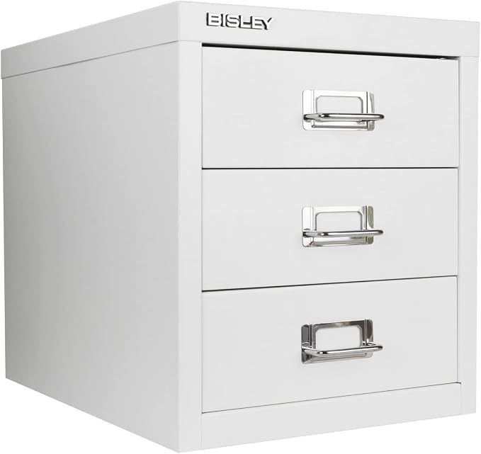 Bisley 3-Drawer Steel MultiDrawer Cabinet - Traffic White | Chrome Pull Handles with Label Holders, Powder-Coated Steel, Removable Drawers, Desktop Storage, Labels Included