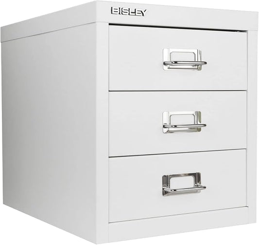 Bisley 3-Drawer Steel MultiDrawer Cabinet - Traffic White | Chrome Pull Handles with Label Holders, Powder-Coated Steel, Removable Drawers, Desktop Storage, Labels Included