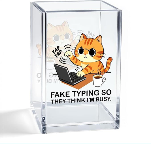 Tap Tap Fake Typing So They Think I'M Busy Acrylic Organizer Pencil Pen Holder, Cute Cat Office Desk Accessories Holder for Women HR Coworker Friend, Sarcastic Gifts for Coworker Accountant