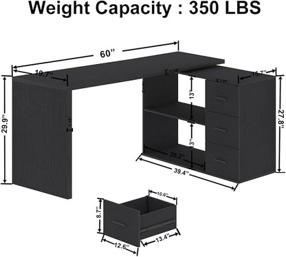 HSH Black L Desk with Drawers Shelves, Large Reversible L Shaped Desk with Storage Cabinet, Corner Home Office Computer Desk Workstation for Executive Writing Study, Bedroom Living Room Table, 60 Inch