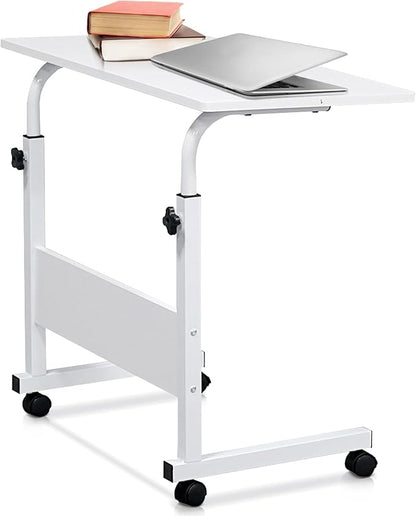 Karl home Mobile Side Table 31.5 inch Computer Desk with Wheels Height Adjustable Rolling Potable Laptop Cart, C-Shaped Bed Couch Sofa End Tables with Edge Stopper for Livingroom Bedroom, White
