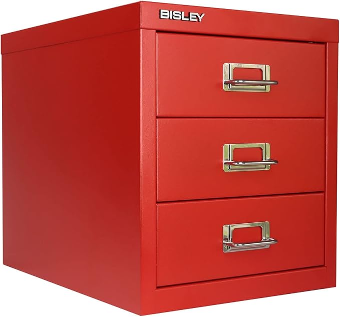 Bisley 3-Drawer Steel MultiDrawer Cabinet - Cardinal Red | Chrome Pull Handles with Label Holders, Powder-Coated Steel, Removable Drawers, Desktop Storage, Labels Included