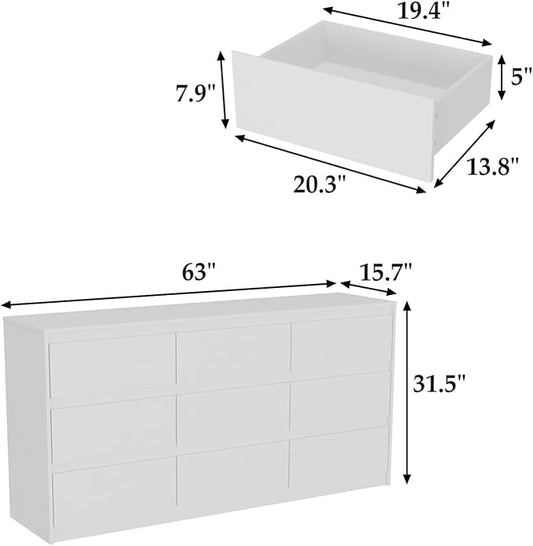 Home Office Cabinet with 9 Storage Units, 63” Lateral File Cabinet with No Handle Drawers, Wide Storage Cabinet, White, 15.7”D x 63”W x 31.5”H