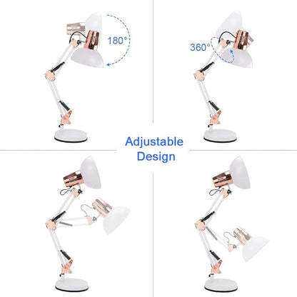 PowerKing Metal Swing Arm Desk Lamps, Adjustable and Flexible,Feading with Base and Clip 2-in-1 Function, Fit E26&E27 Bulbs Base, Application in Bedroom Living Room, Office Home (White+Rose Gold)