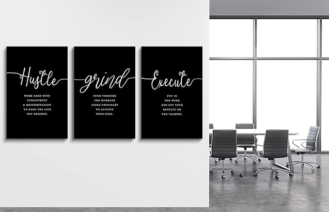Hustle Grand Slogan Poster,Gift for Boss, Present for Father, Framed Canvas Wall Art Success Quote, Office Wall Art, Black Large Poster, Inspirational Print (F-3pcs,16x24inchx3pcs)