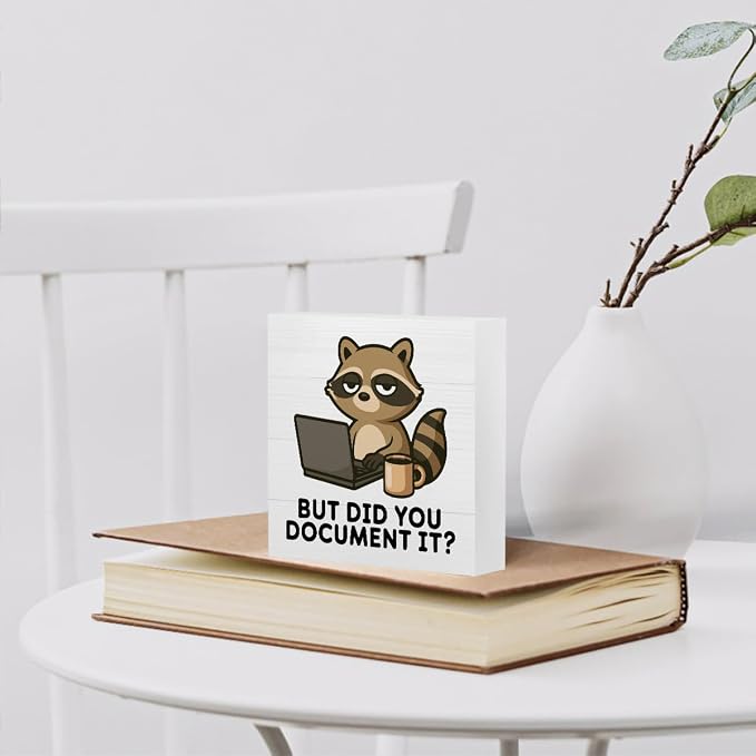 mmiishe Raccoon Gifts for Women But Did You Document It Desk Decor | Trash Panda Office Decor for Women Friend Girls Bestie Wooden Box Sign Bedroom Office Birthday Graduation Gift 5 x 5 Inches