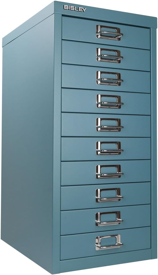 Bisley 10-Drawer Steel MultiDrawer Cabinet - Doulton Blue | Chrome Pull Handles with Label Holders, Powder-Coated Steel, Removable Drawers, Fits Under Most Desks, Labels Included