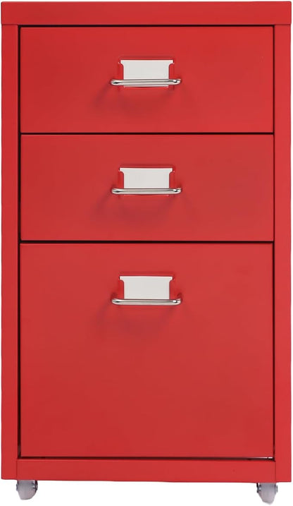 3-Drawer Mobile File Cabinet, Metal Filing Storage Cabinet with Wheels Small Nightstand Under Desk Organizer for Home Office (Red)