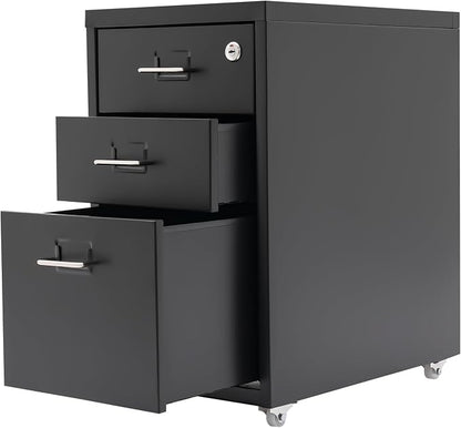 3-Drawer Vertical File Cabinet, 11*16*18.3in Rolling File Cabinet, Mobile Organizer Storage Cabinet with Lock, Office Filing Storage Cabinet Under Desk fits A4 Size, for Home Office (Black)