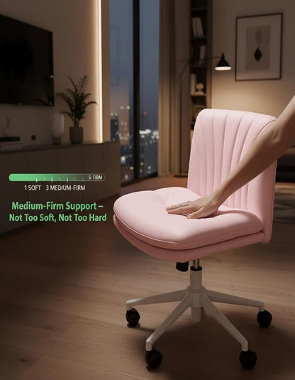 Marsail Armless-Office Desk Chair with Wheels: PU Leather Cross Legged Wide Chair,Comfortable Adjustable Swivel Task Chairs for Home,Office,Make Up,Small Space,Bed Room, Pink