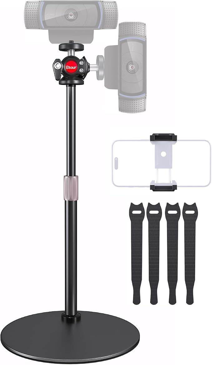 Webcam Stand for Desk, with 360 Ballhead, Heavy Base Height Adjustable Tripod for Logitech Webcam C922 C930e C920 C615 C960 C920x BRIO 4K NexiGo N60, Phone Mount, Gopro with 1/4" Thread