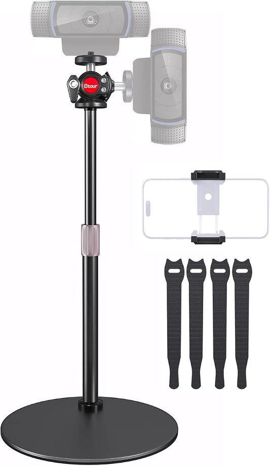Webcam Stand for Desk, with 360 Ballhead, Heavy Base Height Adjustable Tripod for Logitech Webcam C922 C930e C920 C615 C960 C920x BRIO 4K NexiGo N60, Phone Mount, Gopro with 1/4" Thread