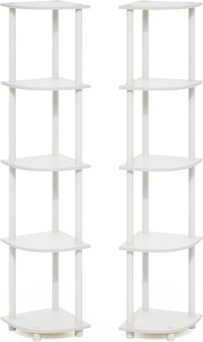 Furinno Turn-N-Tube Corner Shelf Set of 2, 5-Tier Corner Bookshelf, Open Storage Shelves, for Organization and Storage, Living Room, Home Office, Garage, White