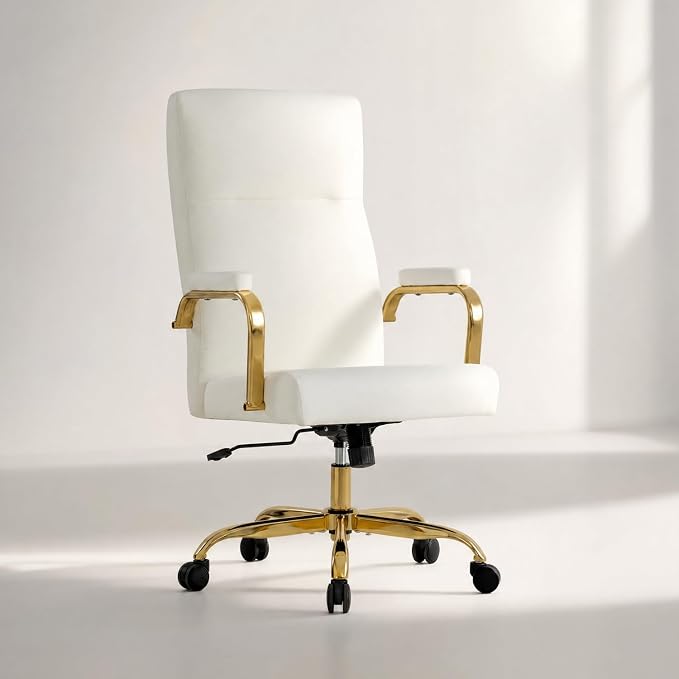 White and Gold Office Desk Chair,Leather Conference Room Chairs with Wheels,Modern High Back Executive Office Chair with Memory Foam,Ergonomic Swivel Computer Chair for Home Office