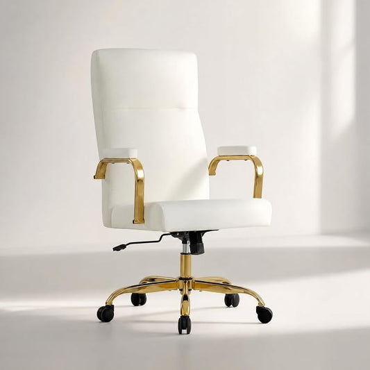 White and Gold Office Desk Chair,Leather Conference Room Chairs with Wheels,Modern High Back Executive Office Chair with Memory Foam,Ergonomic Swivel Computer Chair for Home Office
