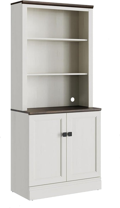 FENSULN 72 in Tall Bookshelf 5 Tier Bookcase with Adjustable Shelves, Antique White Book Shelf with Storage Cabinet, Wood Freestanding Display Bookshelves for Home Office，Bedroom, Living Room