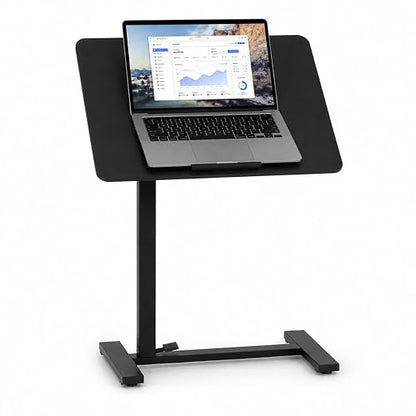 Mobile Standing Desk Adjustable Overbed Table, Pneumatic Height Adjustable Rolling Laptop Desk with Hidden Wheels, 0-180°Tilt Top Rolling Computer Cart Foldable for Home Office, Craft & Study, Black