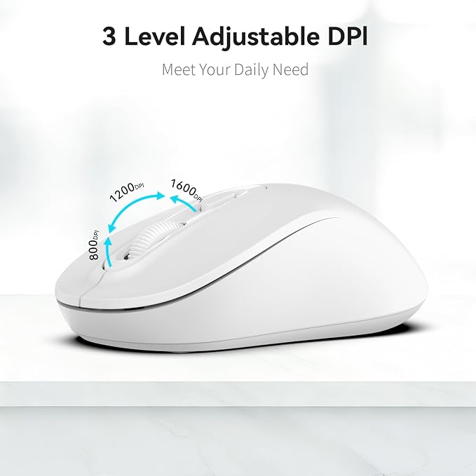 Wireless Mouse, 2026 New Model, Silent Click Ergonomic Design, Portable, 4 Buttons, Adjustable DPI (800/1200/1600), for Laptop/PC/Office (White)