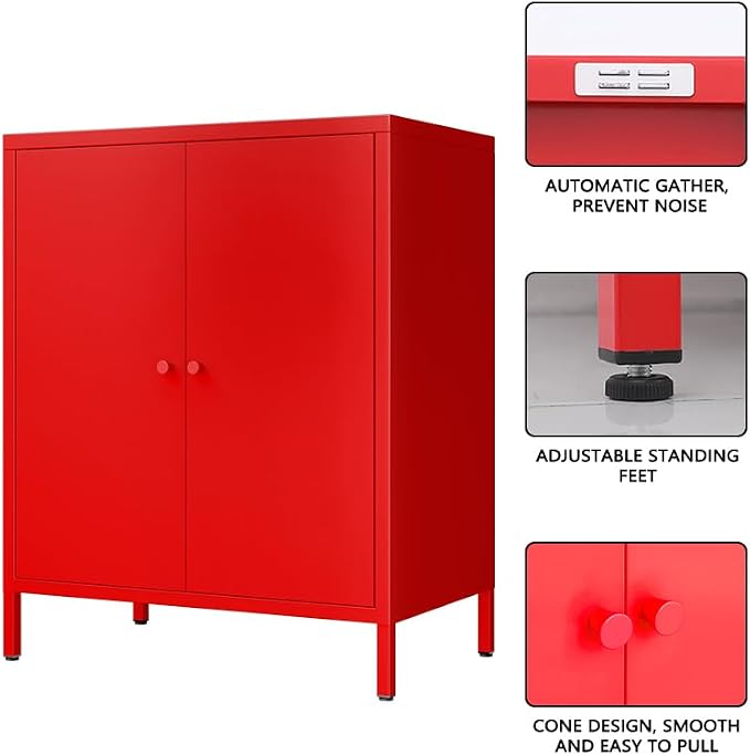 2 Door Metal Accent Storage Cabinet for Home, Living Room, Office Room,Kitchen-Metal Locker Cabinet with 1 Adjustable Shelves-2-Tier (Small 2 Door Cabinet, red)
