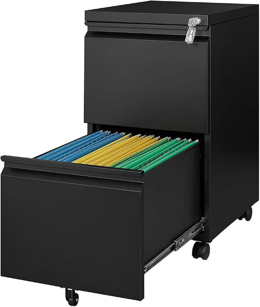 Fesbos 2 Drawers Vertical File Cabinet - Fully Assembled Black Under Desk Mobile Filling Cabinet Small Lockable Home Office File Cabinets for A4/Letter/Legal Size
