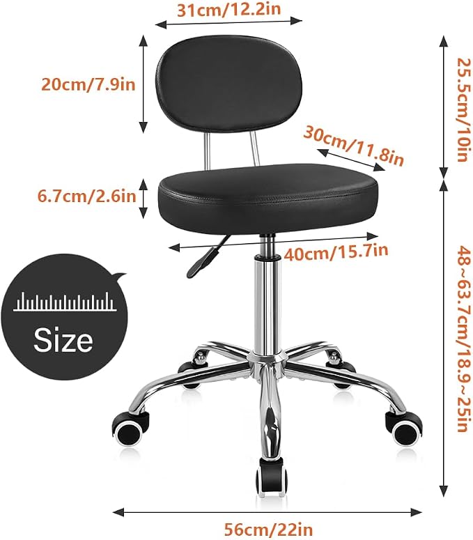 KKTONER Home Office Chair Rolling Stool with Wheels Adjustable Height Work Stool Chair Matte PU Leather Armless Office Chair with Backrest for Home Computer Desk Bedroom Black
