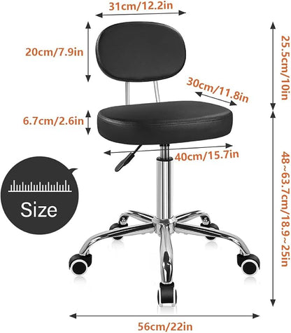 KKTONER Home Office Chair Rolling Stool with Wheels Adjustable Height Work Stool Chair Matte PU Leather Armless Office Chair with Backrest for Home Computer Desk Bedroom Black