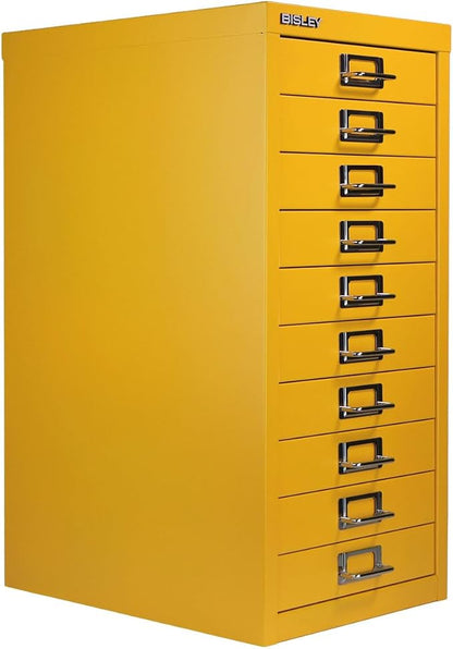 Bisley 10-Drawer Steel MultiDrawer Cabinet - Golden Sunflower Yellow | Chrome Pull Handles with Label Holders, Powder-Coated Steel, Removable Drawers, Fits Under Most Desks, Labels Included