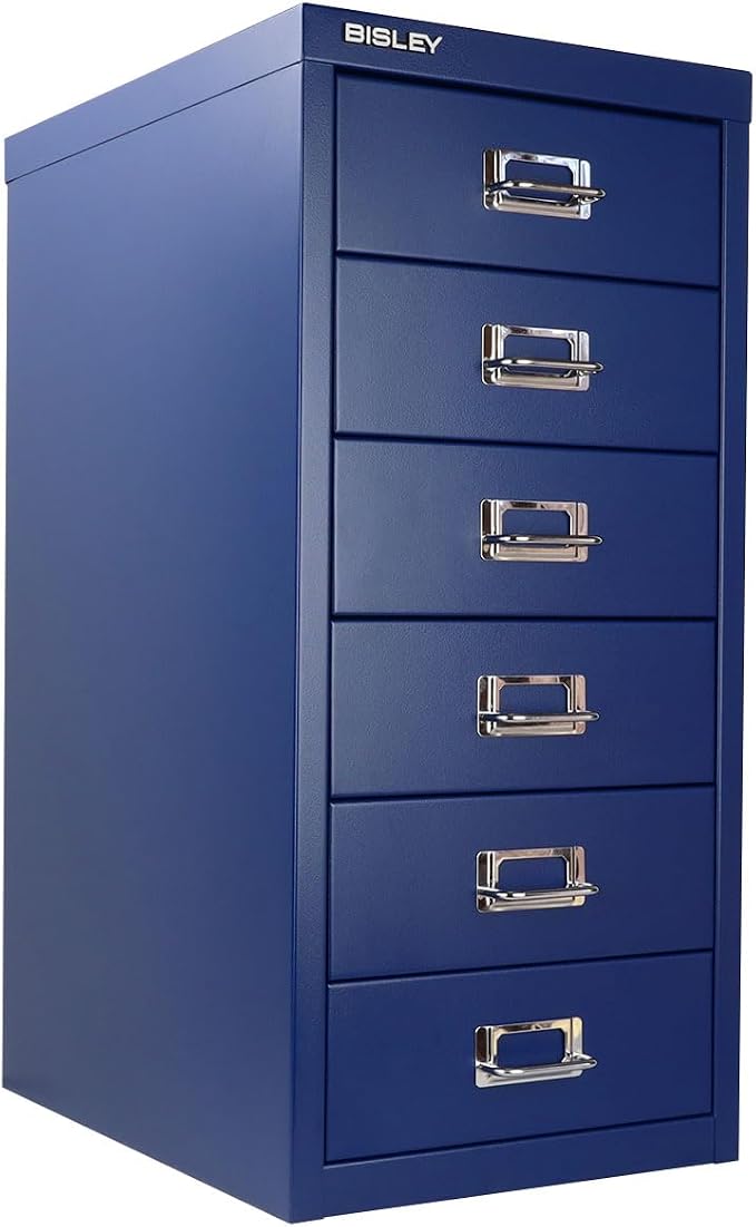 Bisley 6-Drawer Steel MultiDrawer Cabinet - Oxford Blue | Chrome Pull Handles with Label Holders, Powder-Coated Steel, Removable Drawers, Fits Under Most Desks, Labels Included